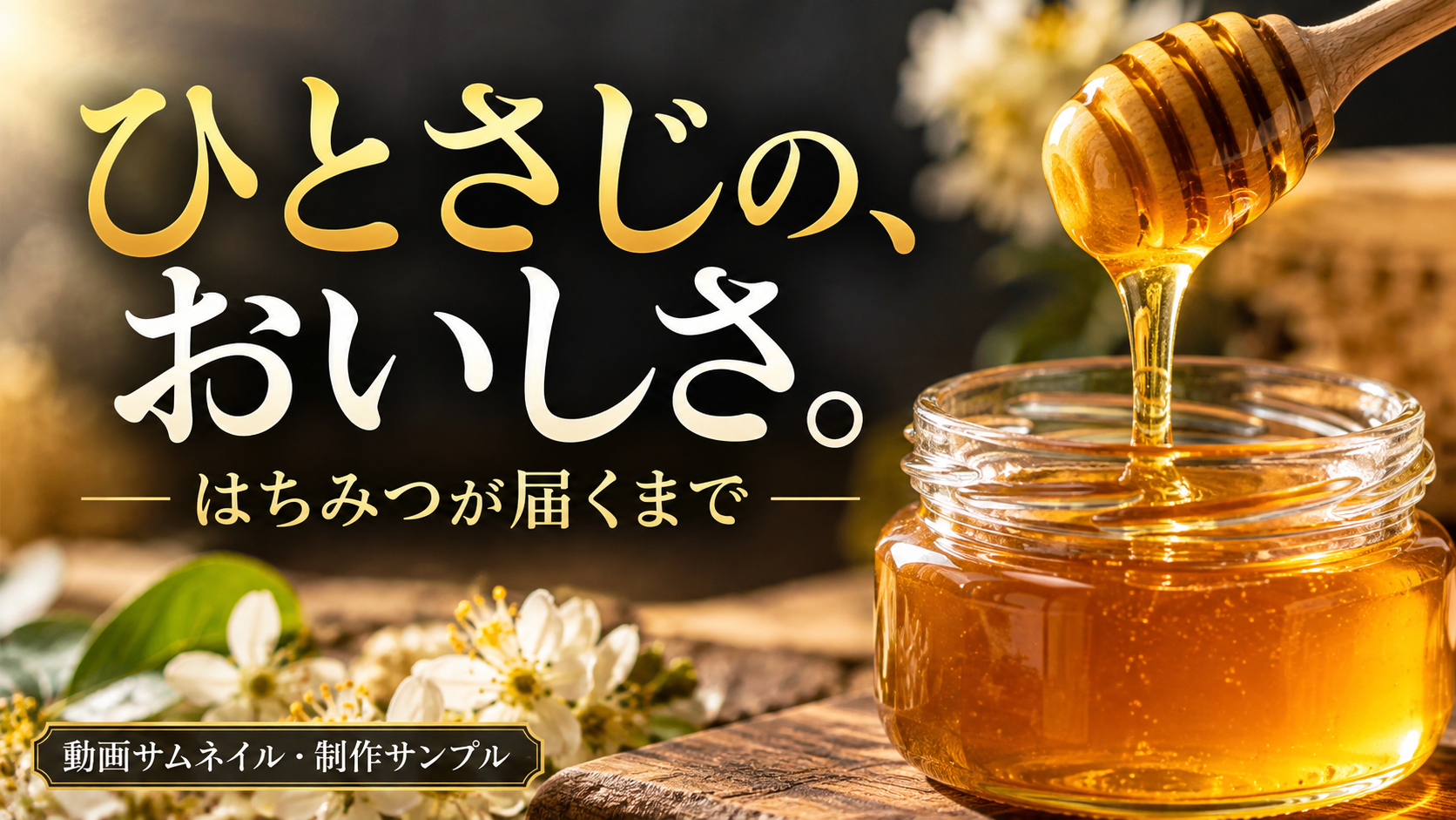 はちみつ紹介動画の表紙のオリジナル広告画像。架空案件の制作サンプル。